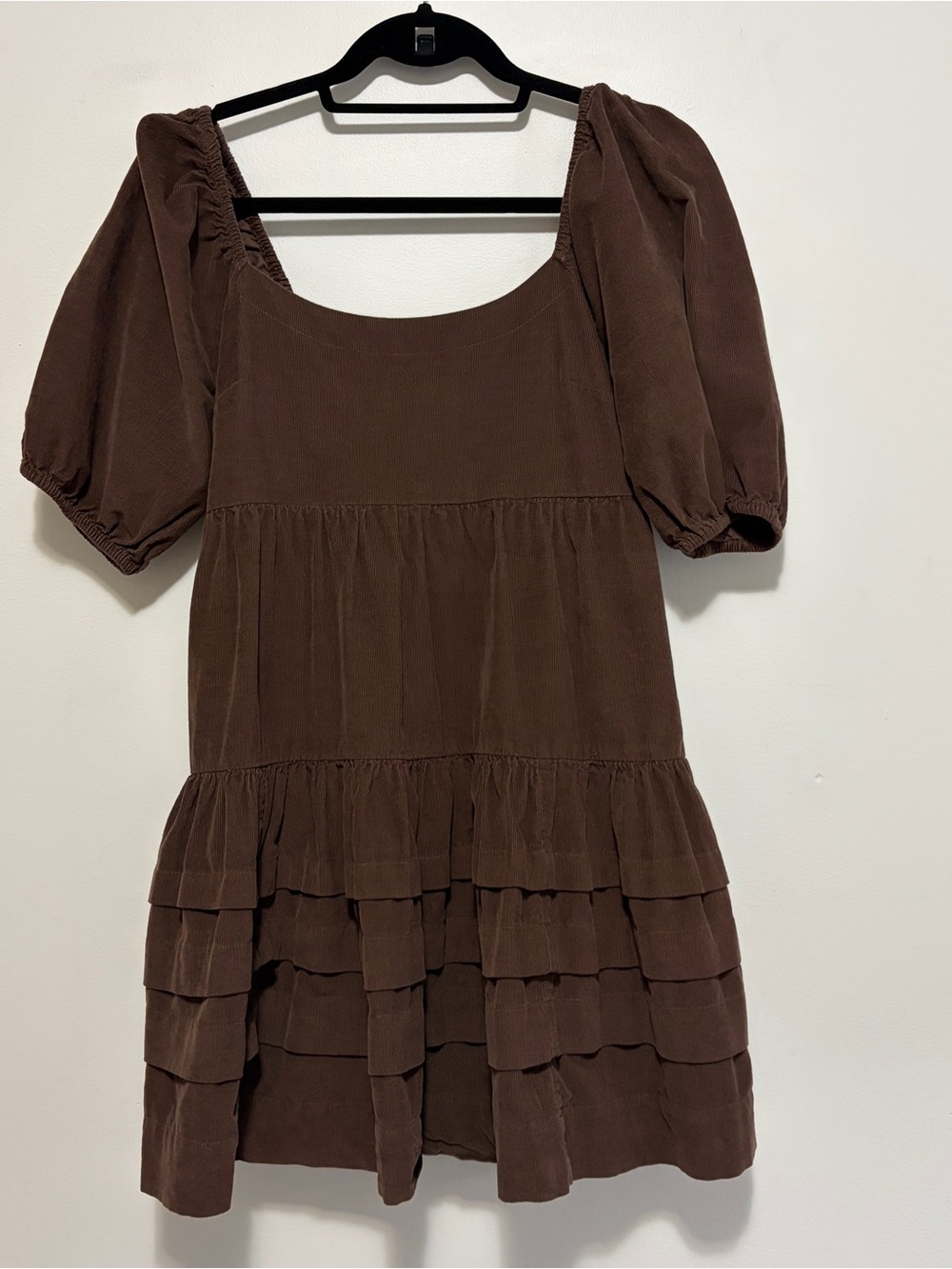 American Eagle Outfitters Brown Puff-Sleeve Tiered Mini Dress